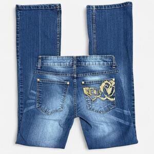 Y2K Southpole Blue Washed Denim Gold Floral Embroidered Boot-Cut Low Rise Jeans